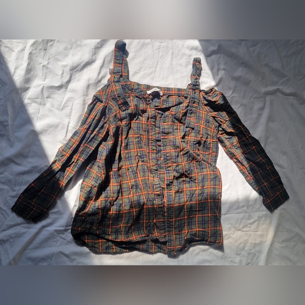Plaid Off-Shoulder Button Down Shirt